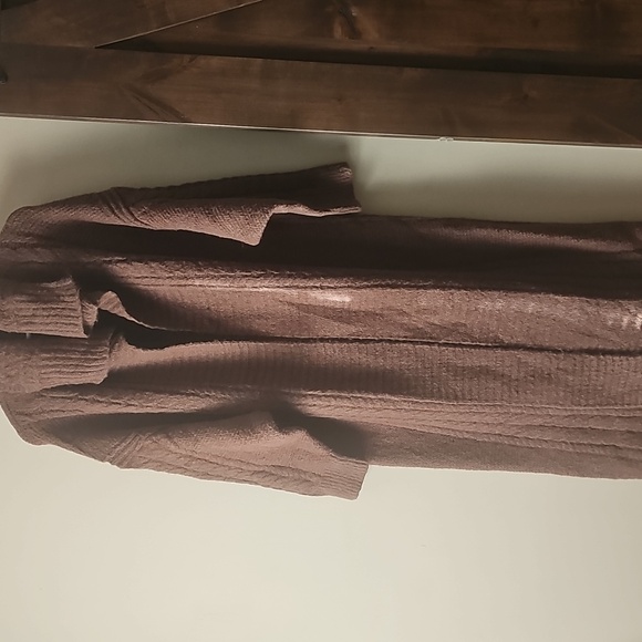 171.  OVERSIZED MAXI Brown Cardigan Chunky Long Cable Rib tweed Fuzzy sweater - Picture 7 of 9